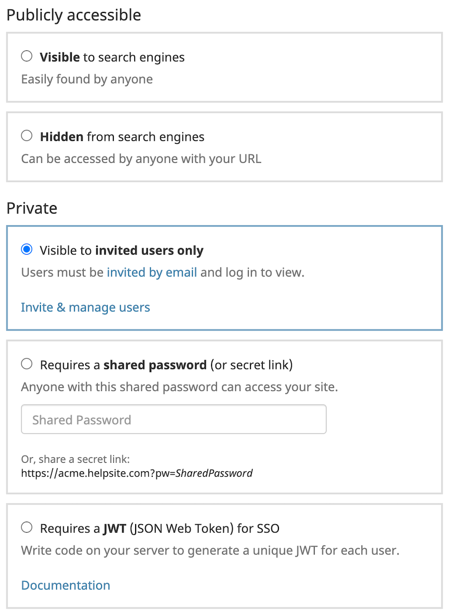 A settings page with options for making your knowledge base publicly accessible or treat it like a private internal knowledge base. Settings include public, private for invited users only, or private with SSO with JWT.